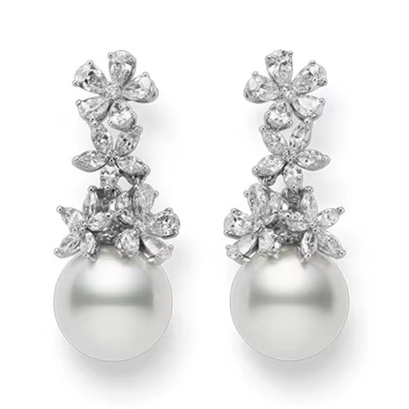 Anthropologie Jewelry - Luxury Flower CZ Pearl Statement Silver Earrings